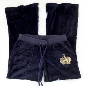 Juicy Couture Black Velour Pants with Gold Crown Logo – Size S